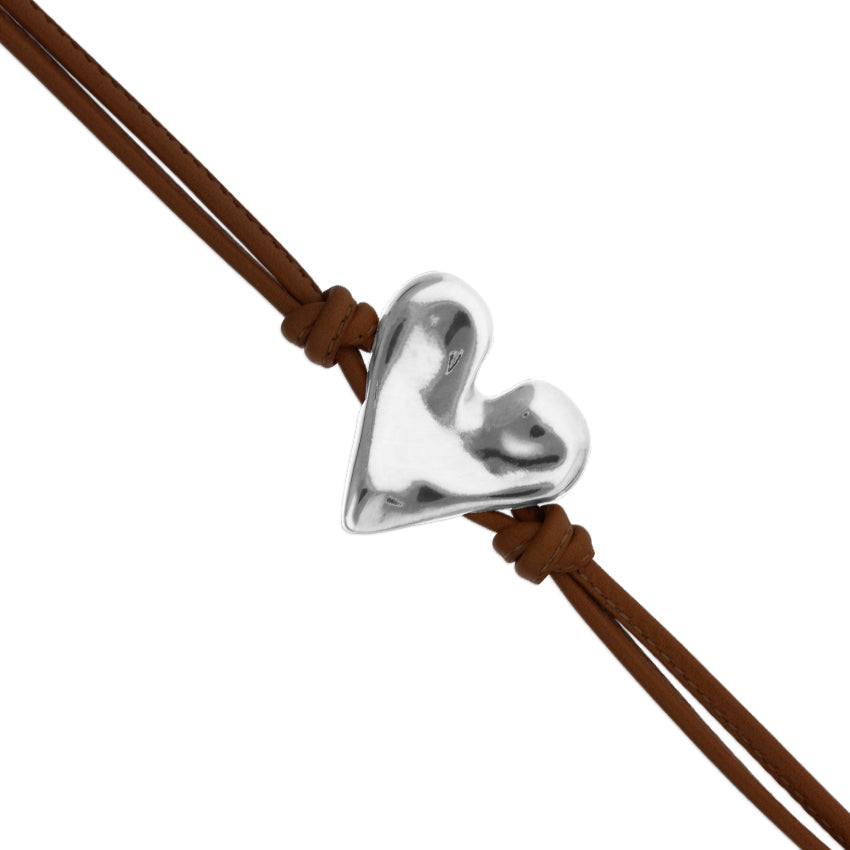 Brown leather bracelet with heart detail Silver